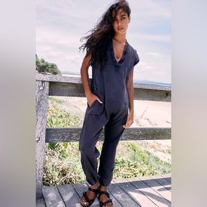 Free People Movement by Hot Shot Plunging Jumpsuit In Washed Black, New With Tag